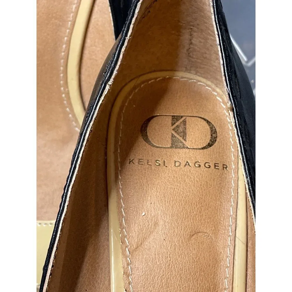 Kelsi Dagger Genelle Black Tan Peep Toe Wedge Heel Shoes Sz 5 - Picture 4 of 7